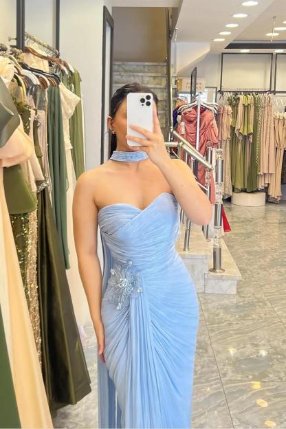 Strapless Sleeveless Long Mermaid Formal Dress With Pleated Appliques