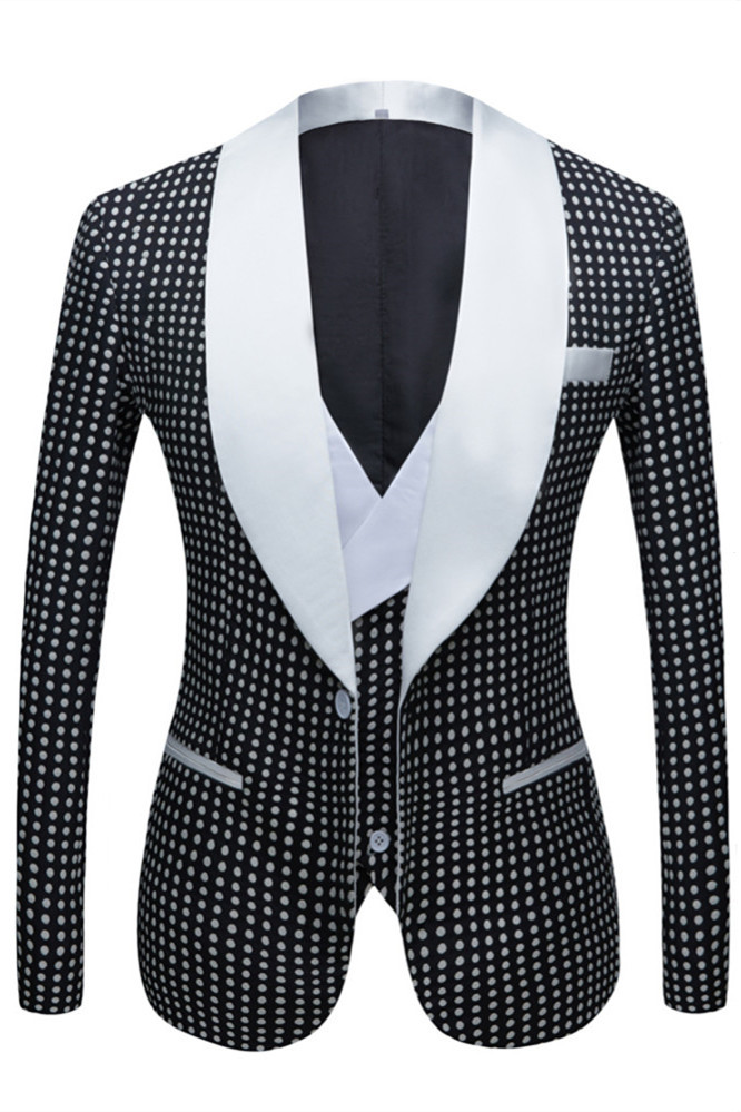 Modern Slim Fit Black Dot Shawl Lapel Wedding Suit for Men