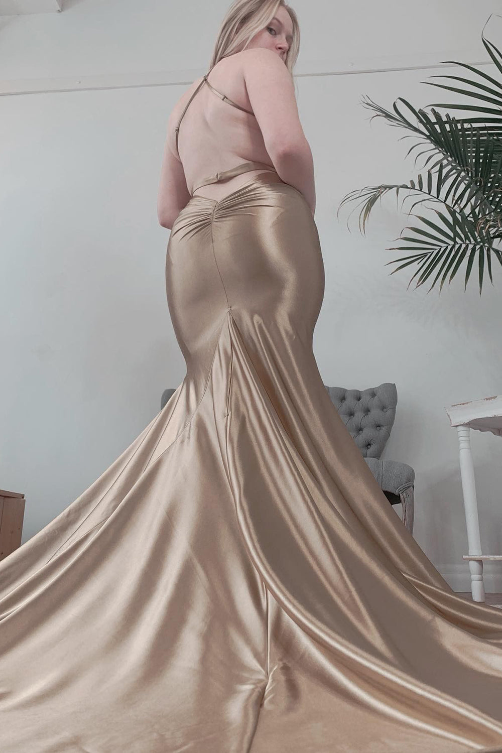 Backless Mermaid Prom Dress with Halter in Champagne