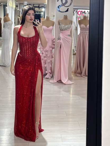Sequins Halter Sleeveless Long Mermaid Formal Dress With Split