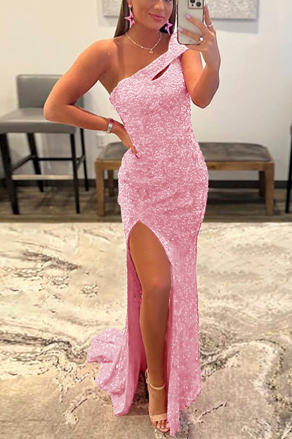 Sequined One-Shoulder Prom Dress in Fuchsia