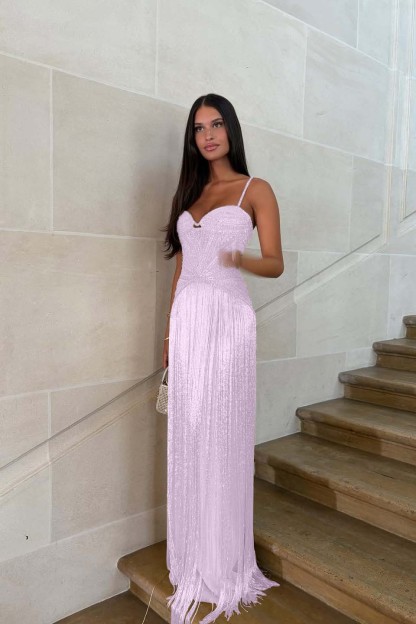 Spaghetti straps Sleeveless Long Formal Dress With Beading Tassel