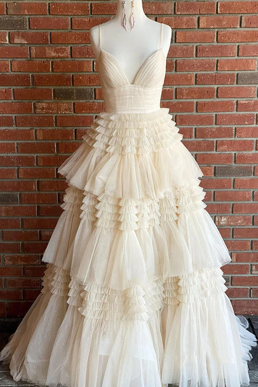 Long Prom Dress with Red Tulle and Spaghetti Straps