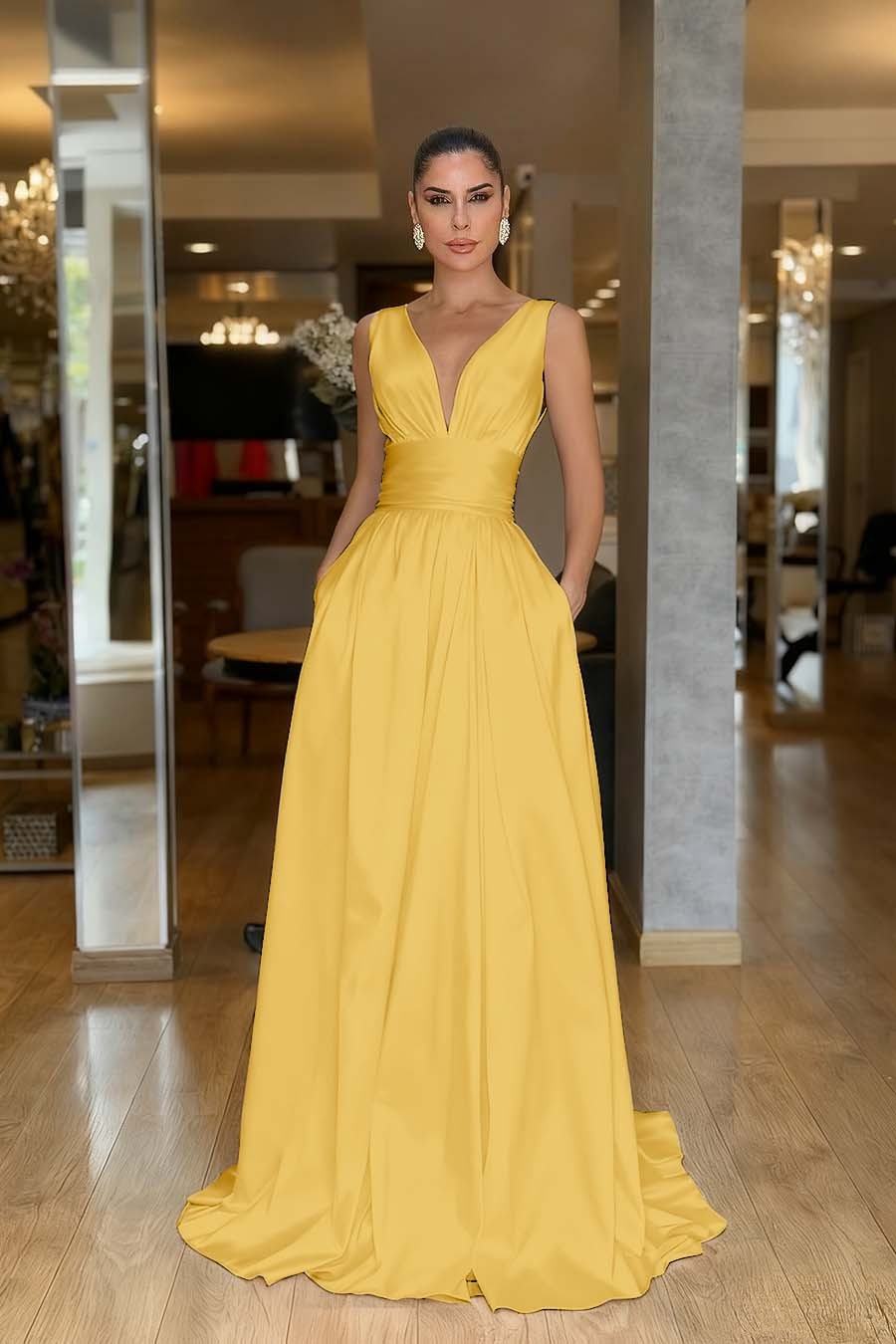 Straps Sleeveless High Waist Long Formal Dress With Pockets Pleated