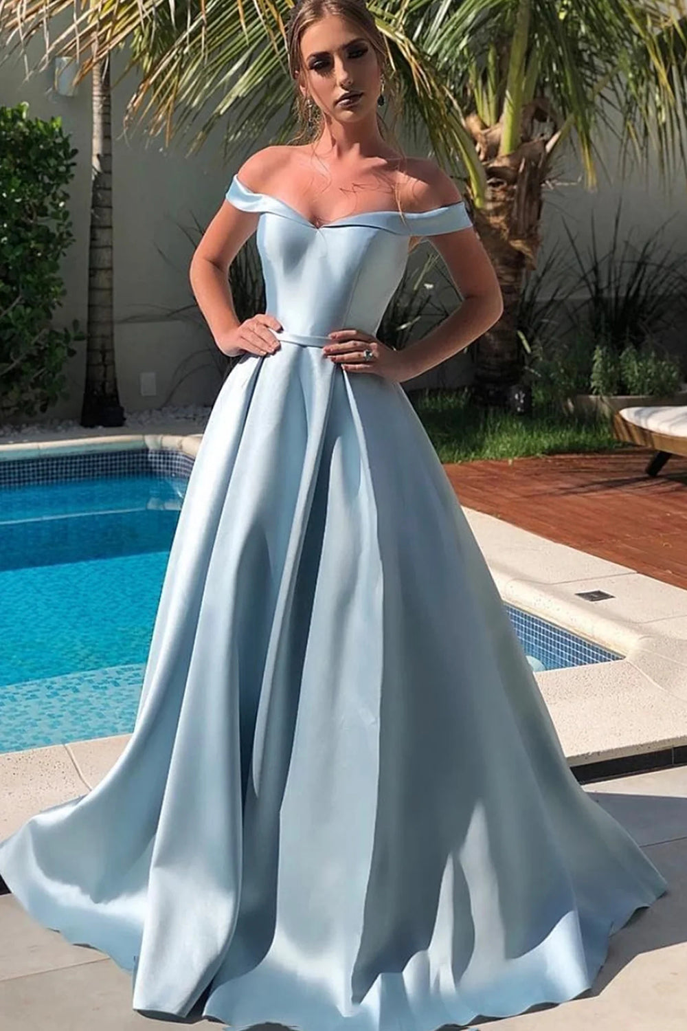 Long Blue Prom Dress with Off-the-Shoulder A-Line