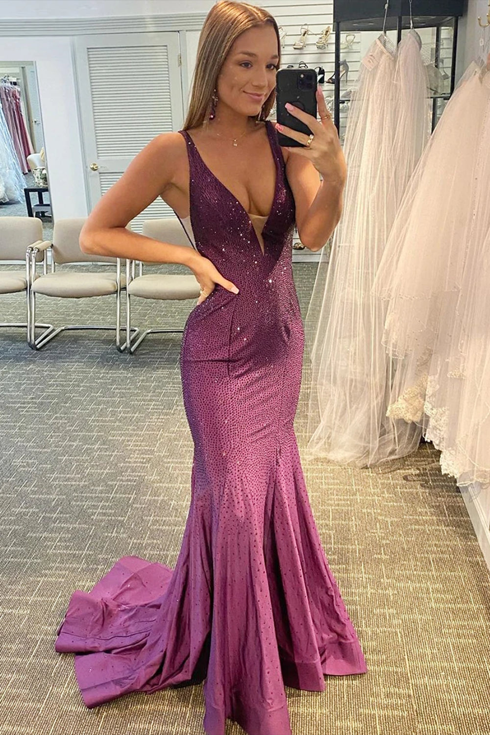 Purple Mermaid Prom Dress with V-neck Beading