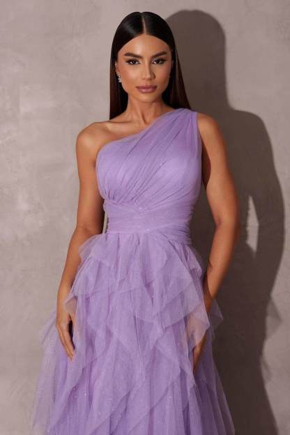 Chic One Shoulder Sleeveless Long Formal Dress With Tulle Ruffle