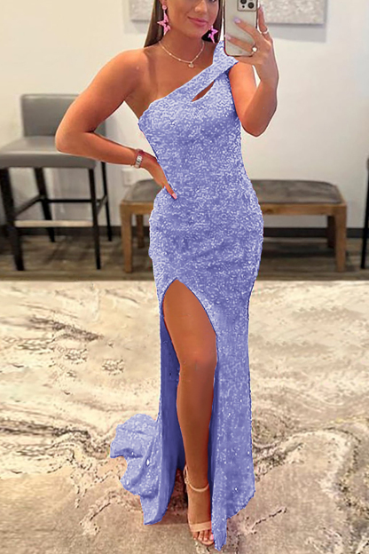 Sequined One-Shoulder Prom Dress in Fuchsia