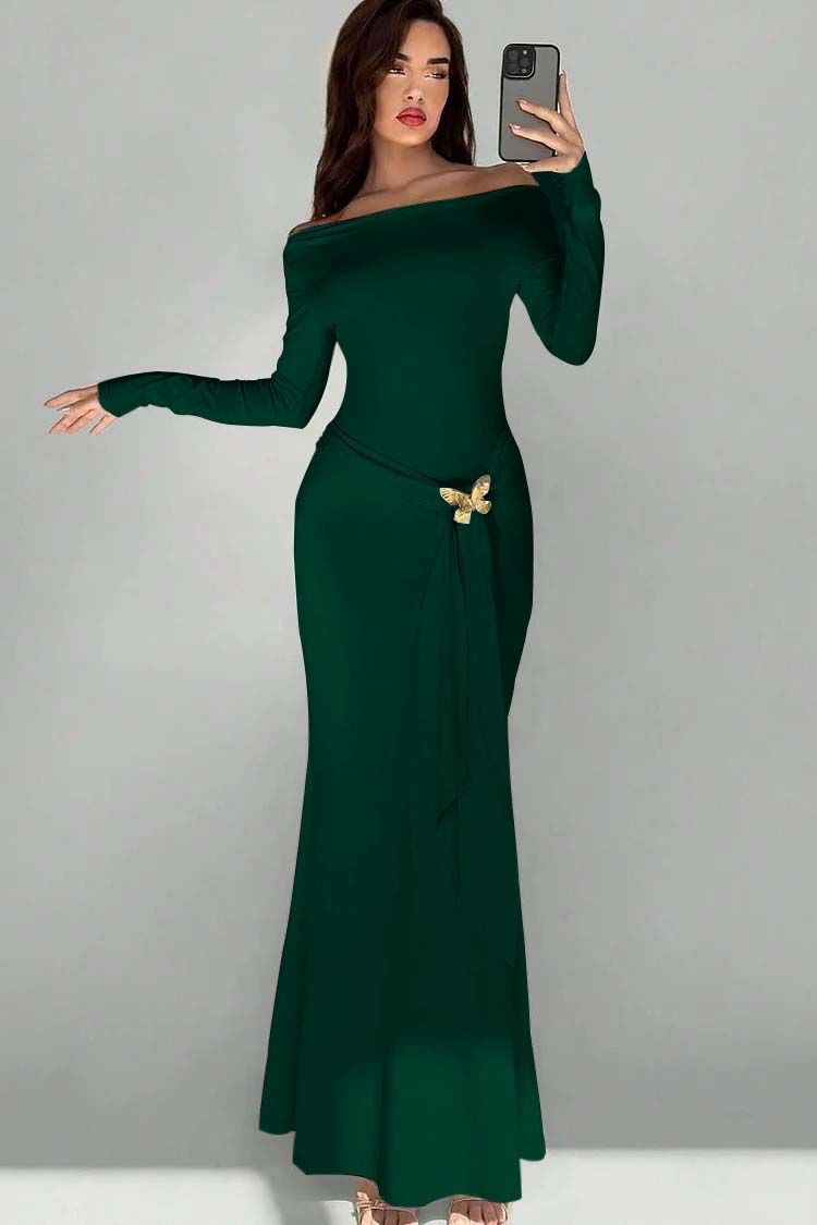 Off the Shoulder Long Sleeves Long Mermaid Formal Dress With Appliques