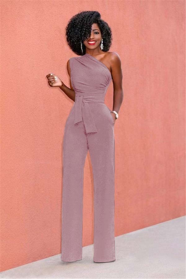 Concise Black One-Shoulder Daily Women's Jump Suit