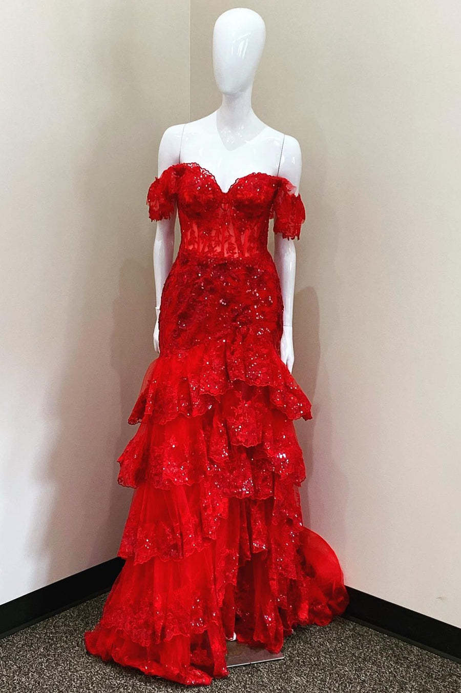 Long Red Prom Dress with Lace in an Off-the-Shoulder A-Line Design