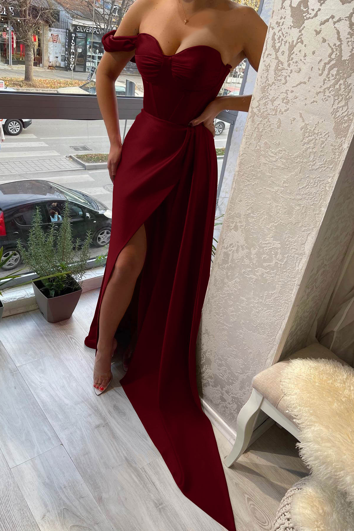 Classic One Shoulder Slit Strapless Sweetheart Evening Dress With Ruffle