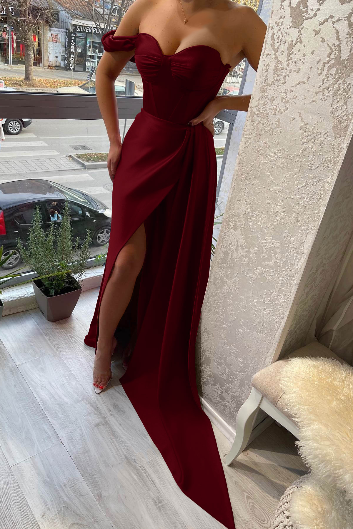 Classic One Shoulder Slit Strapless Sweetheart Evening Dress With Ruffle