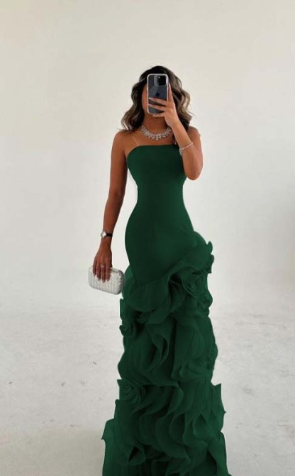 Strapless Sleeveless Long Mermaid Formal Dress With Tulle Ruffles