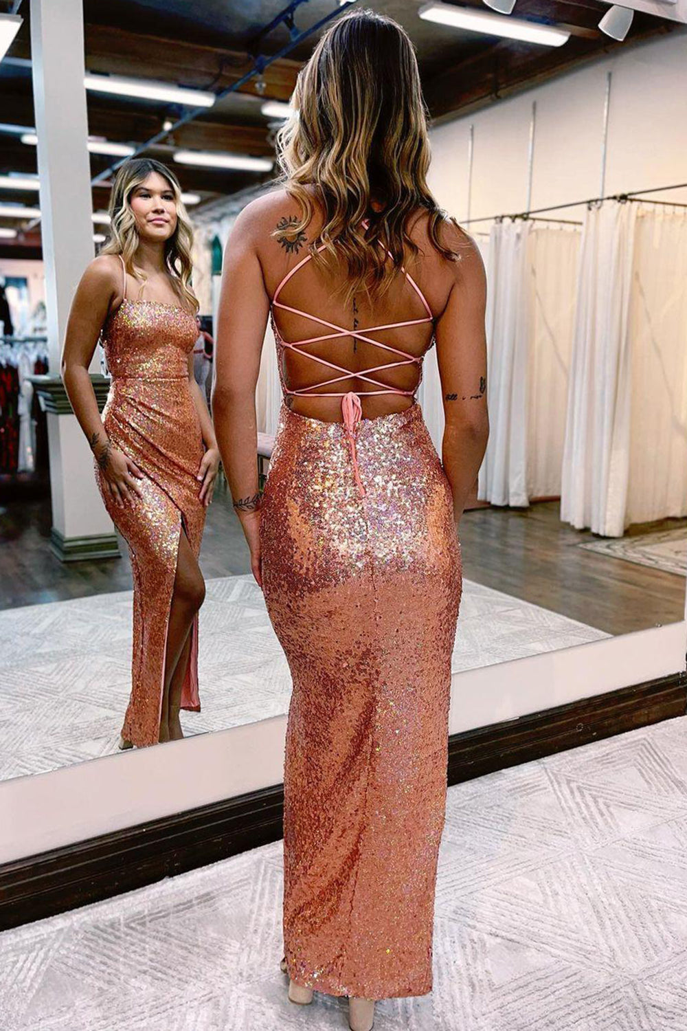 Long Blue Sequined Prom Dress with Front Split and Spaghetti Strap Sheath