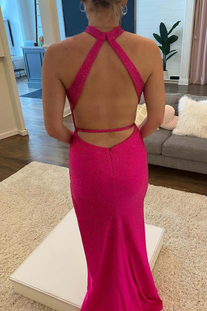 Long Hot Pink Beaded Prom Dress with Halter Neckline and Open Back