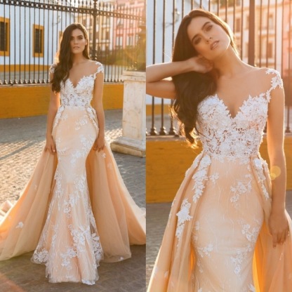 Sweetheart Cap Sleeves Lace Appliques Overskirt Mermaid Wedding Dress