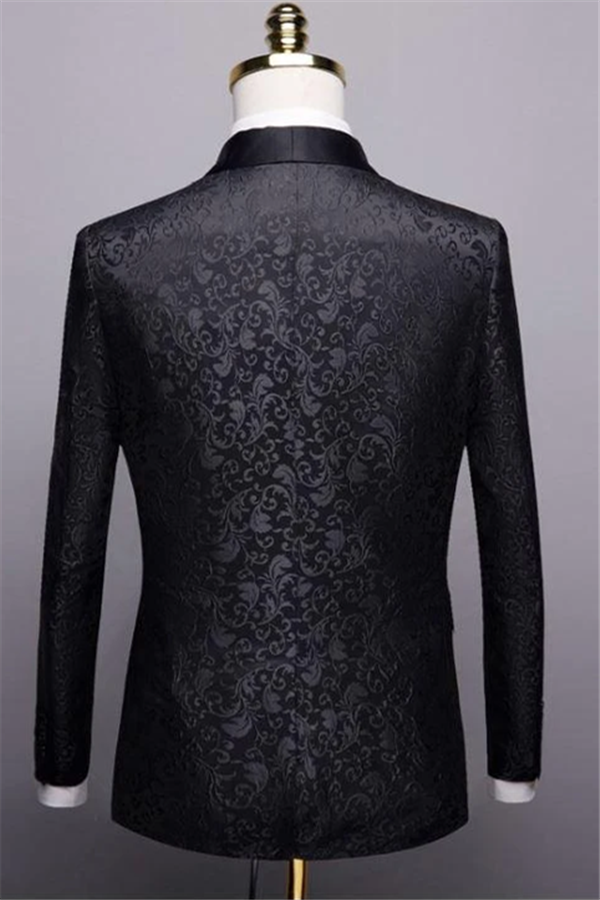 Unique Slim Fit Two-Piece Black Jacquard Shawl Lapel Men's Suits Wedding Groom Tuxedos