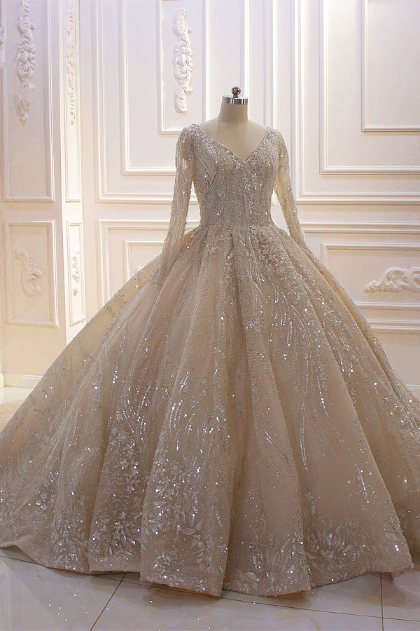 Beautiful Long Sleeves V-Neck Ball Gown Wedding Dress with Sequins Beading Ruffles