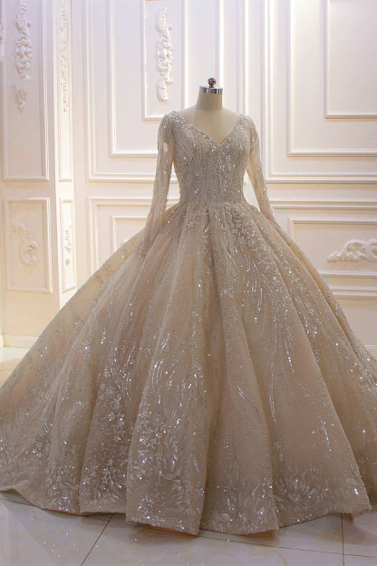 Beautiful Long Sleeves V-Neck Ball Gown Wedding Dress with Sequins Beading Ruffles