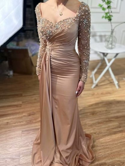 Elegant Long Sleeves Dusty Rose Bead Embroidery Mermaid Formal Dress