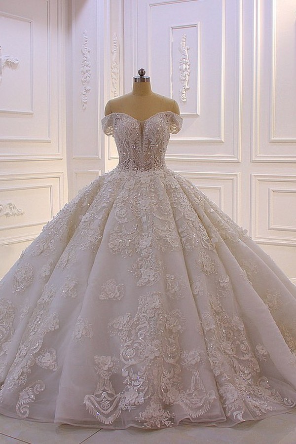 Sexy Sweetheart Off-the-Shoulder Backless Wedding Dress with Tulle Appliques Lace Ruffles