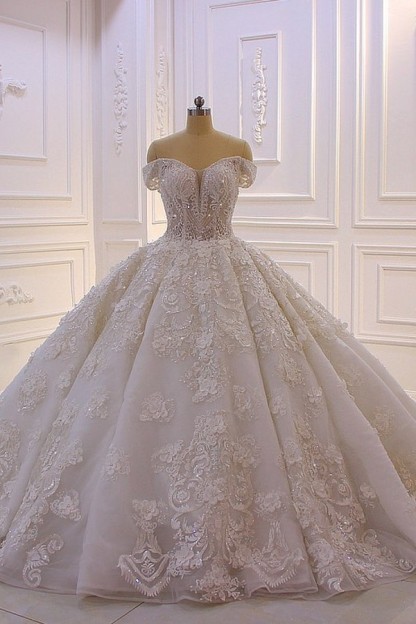 Sexy Sweetheart Off-the-Shoulder Backless Wedding Dress with Tulle Appliques Lace Ruffles