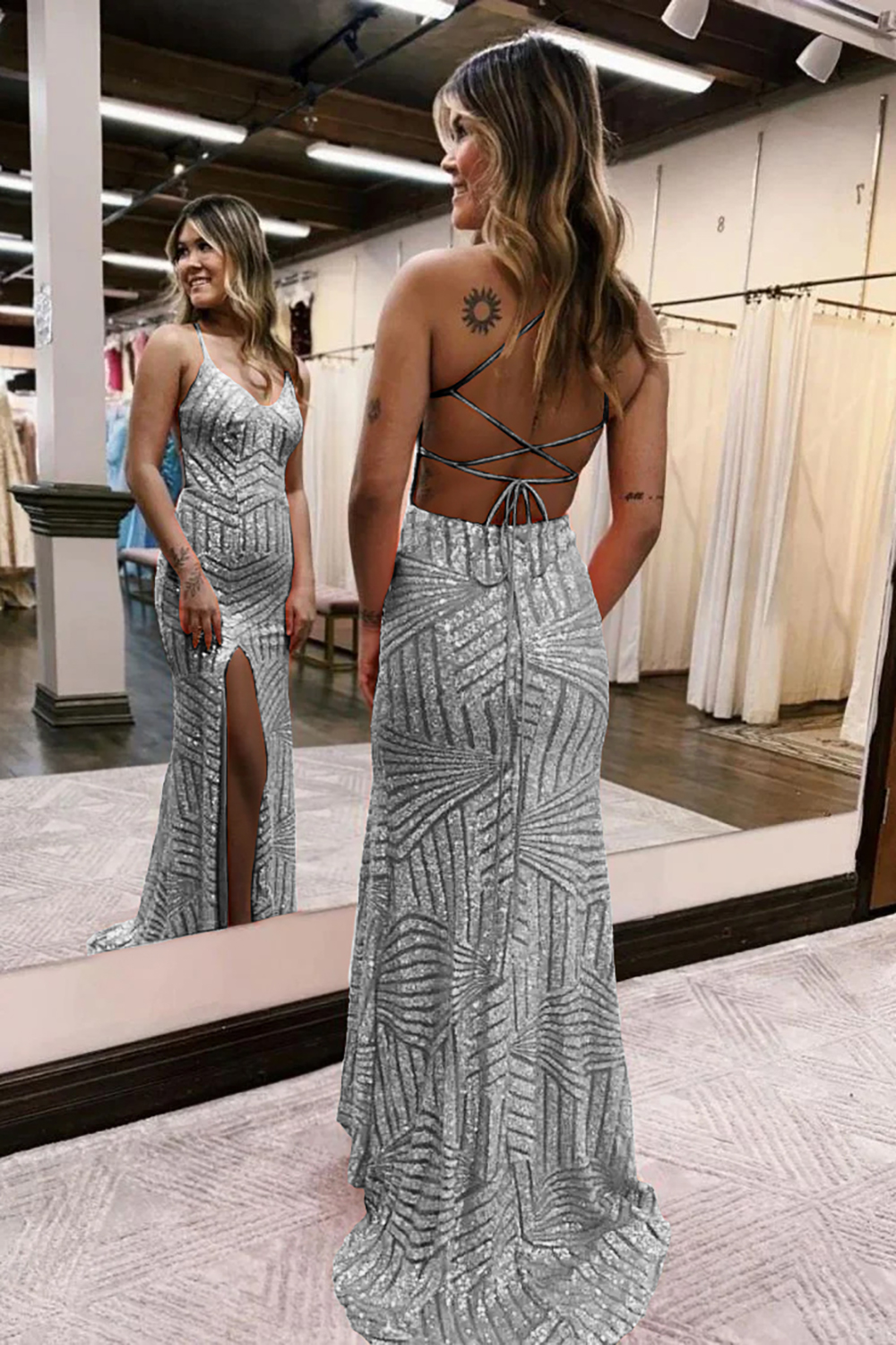 Long Orange Sequined Prom Dress with Criss Cross Back and Sheath Spaghetti Straps