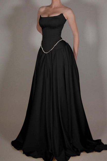 Strapless Sleeveless Long A Line Formal Dress With Pleated Beading