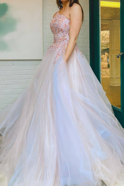 Elegant One Shoulder Grey Pink A-Line Prom Dress Featuring Appliques