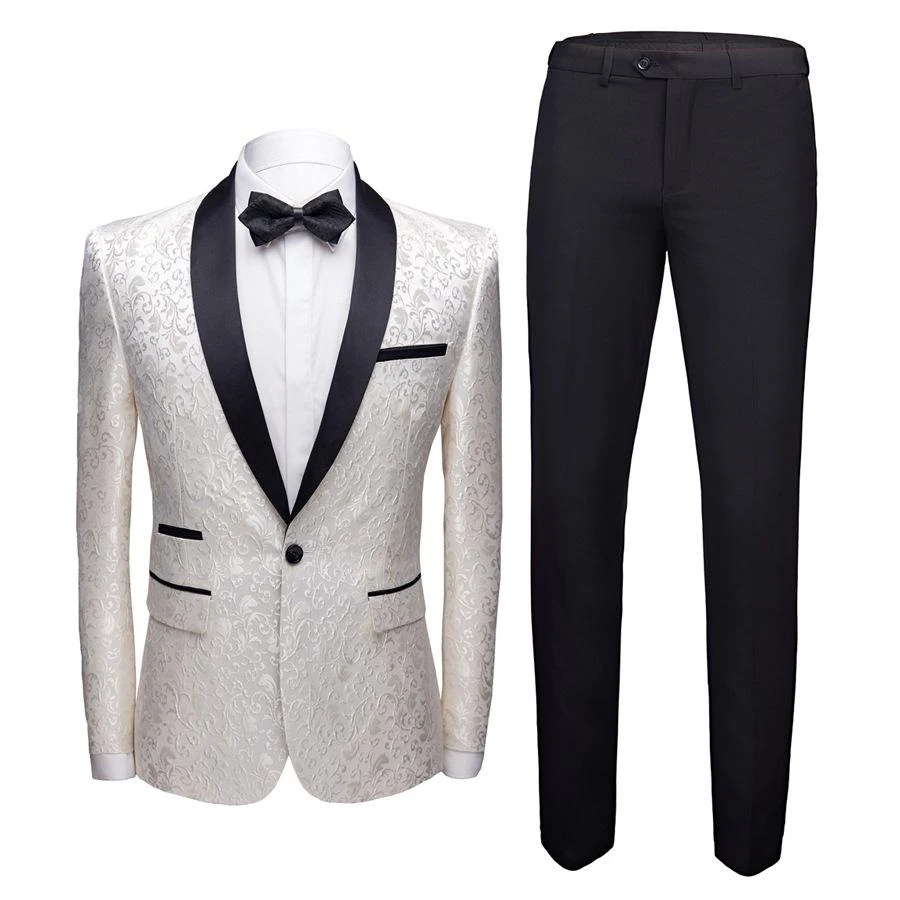 White Jacquard One Button Wedding Tuxedos with Black Shawl Lapel Men's Suits (Jacket Pants)