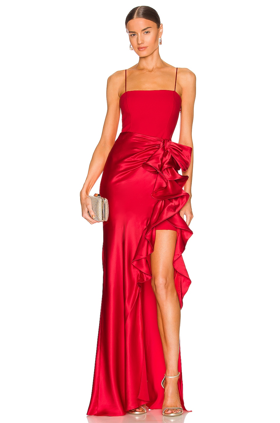 Luxury Spaghetti Straps Red Slit Prom Dress With Chic Ruffles