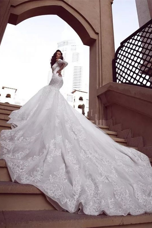 Off-the-Shoulder Long Sleeves Beads Mermaid Wedding Dress with Lace Appliques