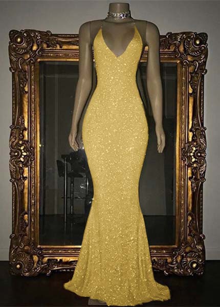 V-Neck Mermaid Elegant Halter Evening Dress With Sequins