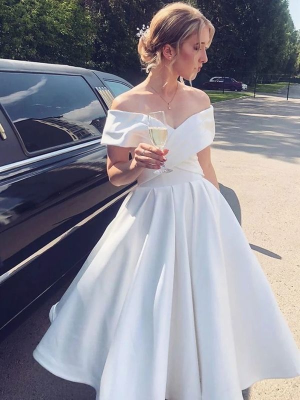 Modest Off-the-Shoulder Short A-Line Satin Wedding Dress with Strapless
