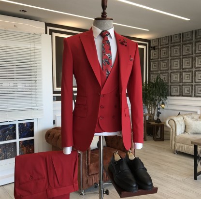 Newest Red Peaked Lapel Suit for Men Wedding with Three Pieces