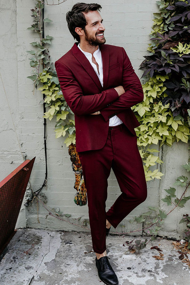 Simple Classic Burgundy Reception Suit for Groom with Peaked Lapel