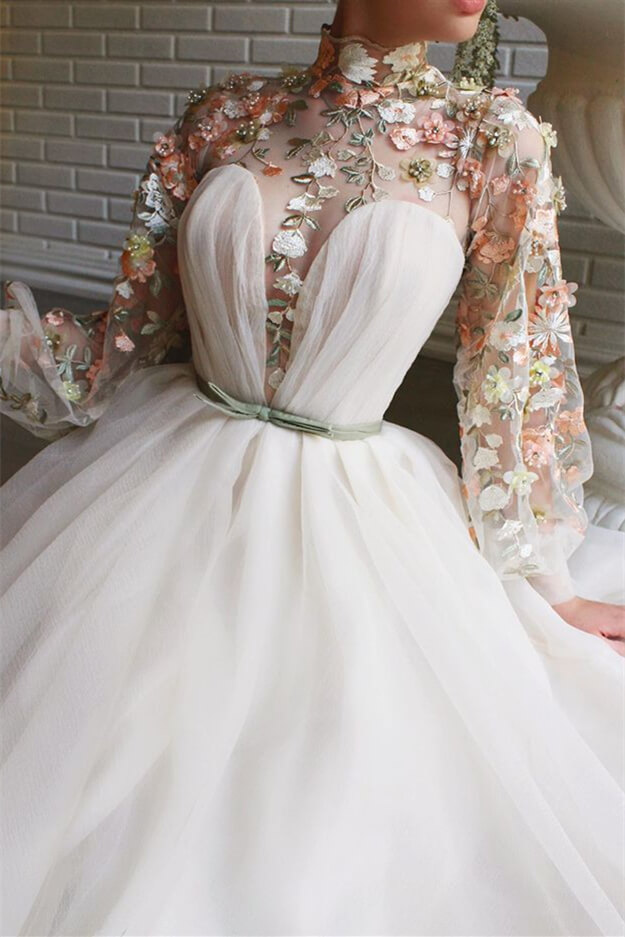 White Mermaid Long Sleeves Evening Dress With Flowers Split High Collar