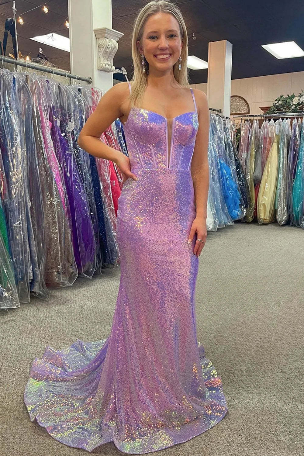 Long Mermaid Prom Dress with Sparkly Pink Sequins and Corset