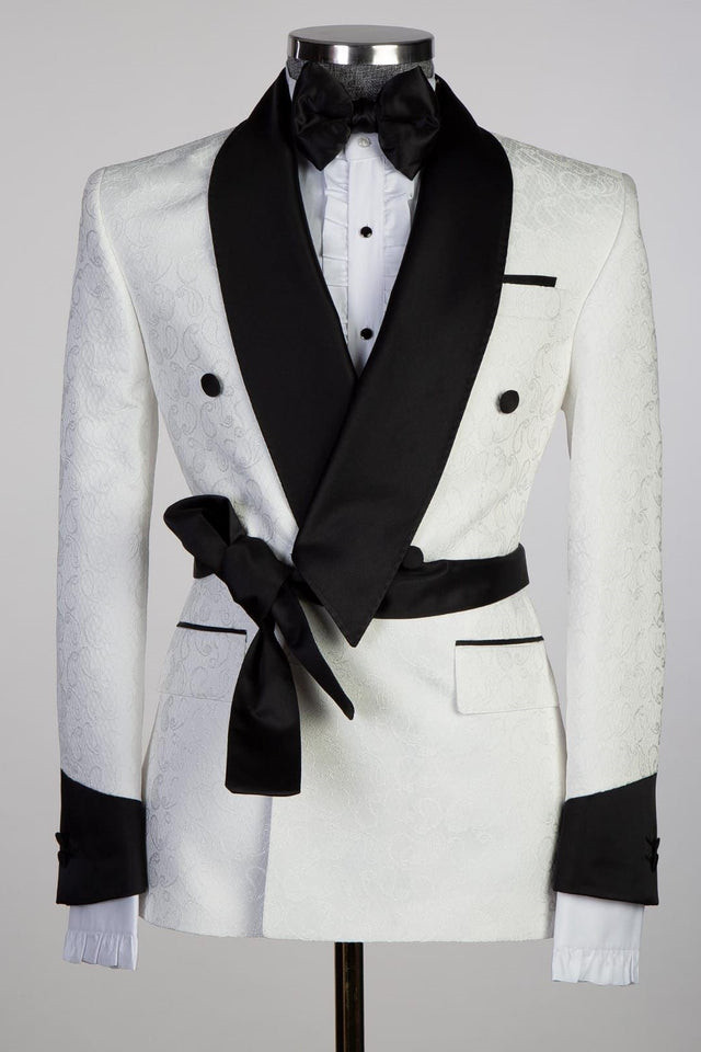 Miael Cuthbert Fashion White Jacquard Wedding Men's Suits with Double-Breasted Shawl Lapel