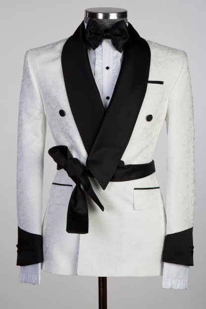 Miael Cuthbert Fashion White Jacquard Wedding Men's Suits with Double-Breasted Shawl Lapel