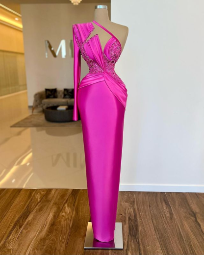 Long Sleeve One Shoulder Long Formal Dress With Pleated Appliques