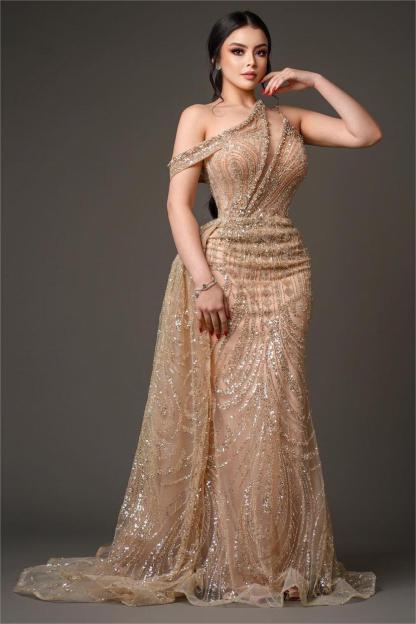 Charming Champagne Gold One Shoulder Sleeveless Formal Dress With Bead Embroidery
