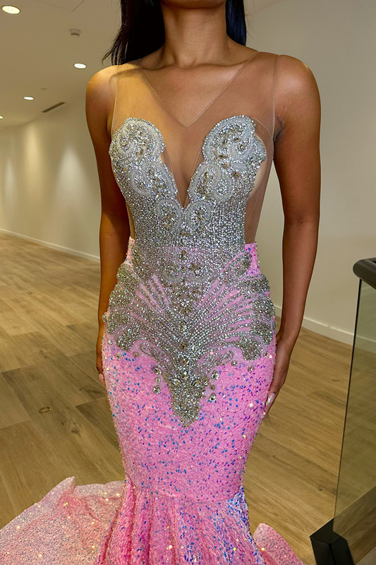 Glamorous Sliver And Pink V Neck Mermaid Formal Dress Sleeveless With Appliques