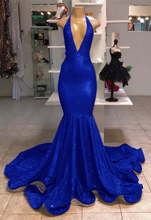 Halter V-Neck Mermaid Evening Dress With Sequins