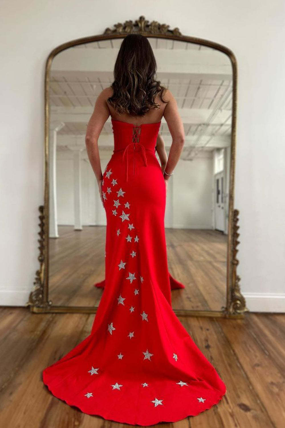 Red Long Prom Dress with Mermaid Silhouette and Front Split Strapless