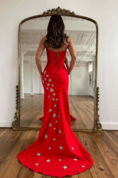 Red Long Prom Dress with Mermaid Silhouette and Front Split Strapless