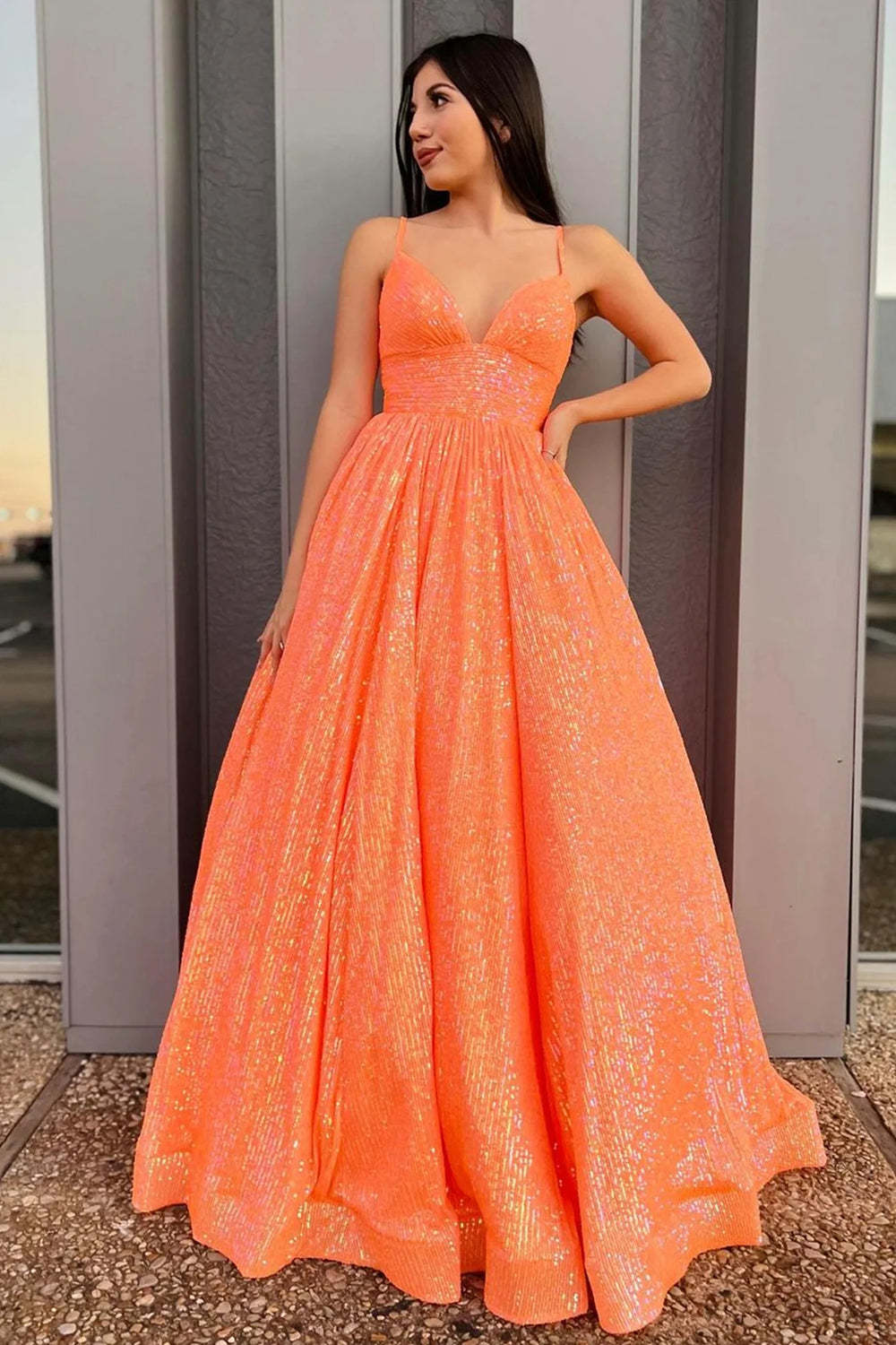 Long Orange Sequined Prom Dress with Spaghetti Straps in A-Line