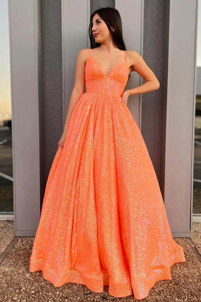 Long Orange Sequined Prom Dress with Spaghetti Straps in A-Line
