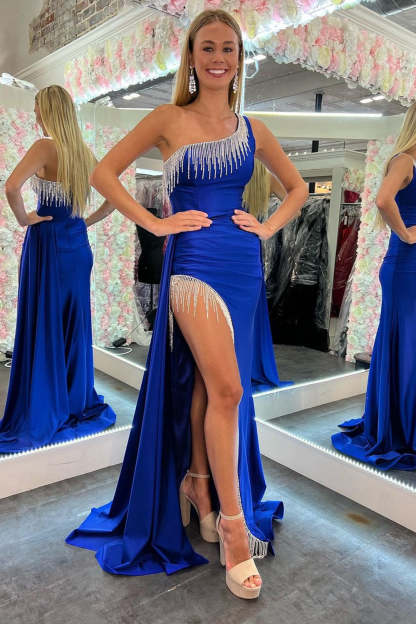 Elegant Royal Blue Mermaid Prom Dress with One Shoulder and Tassel
